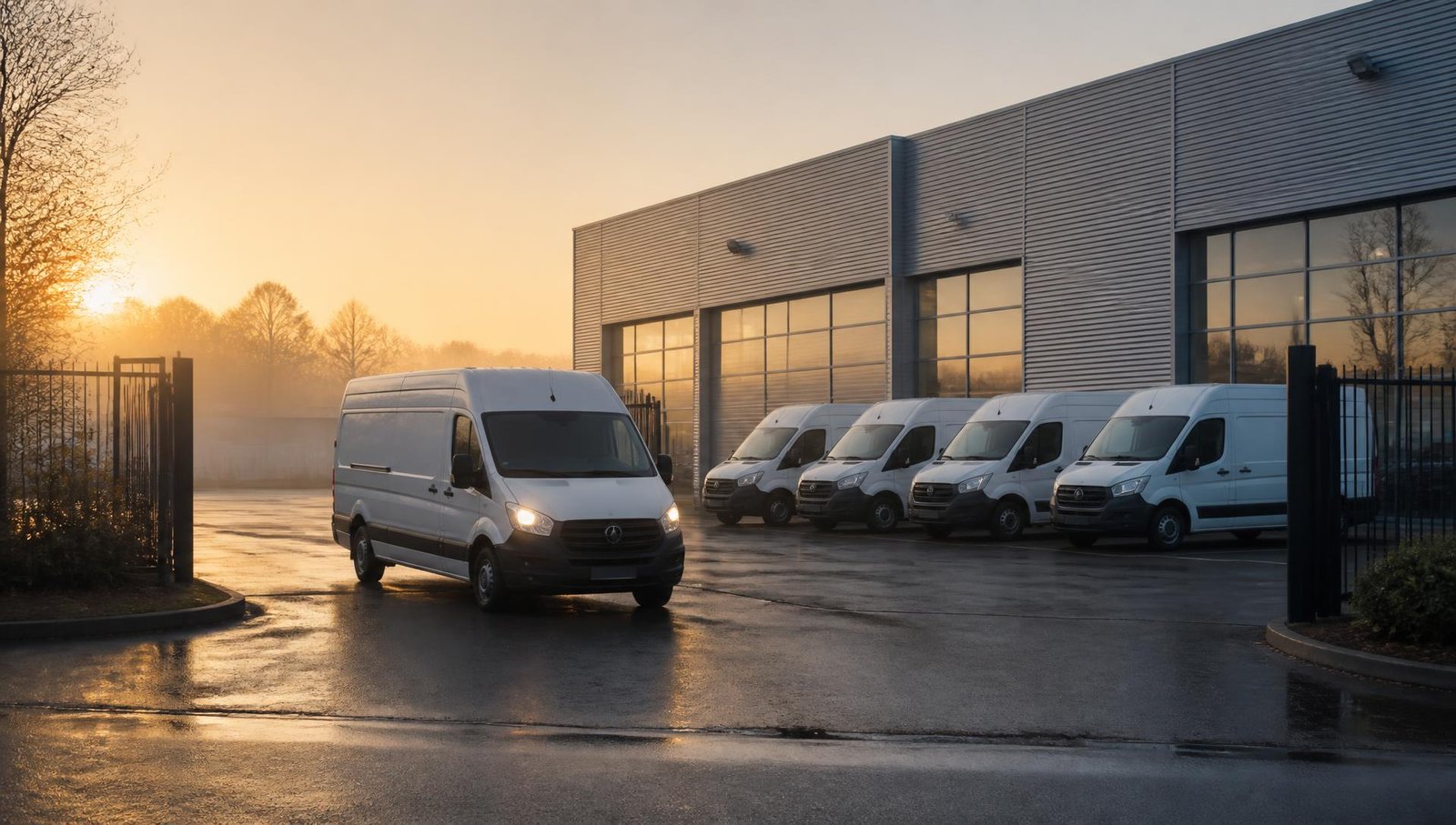 Commercial vans parked at a modern depot in early morning light