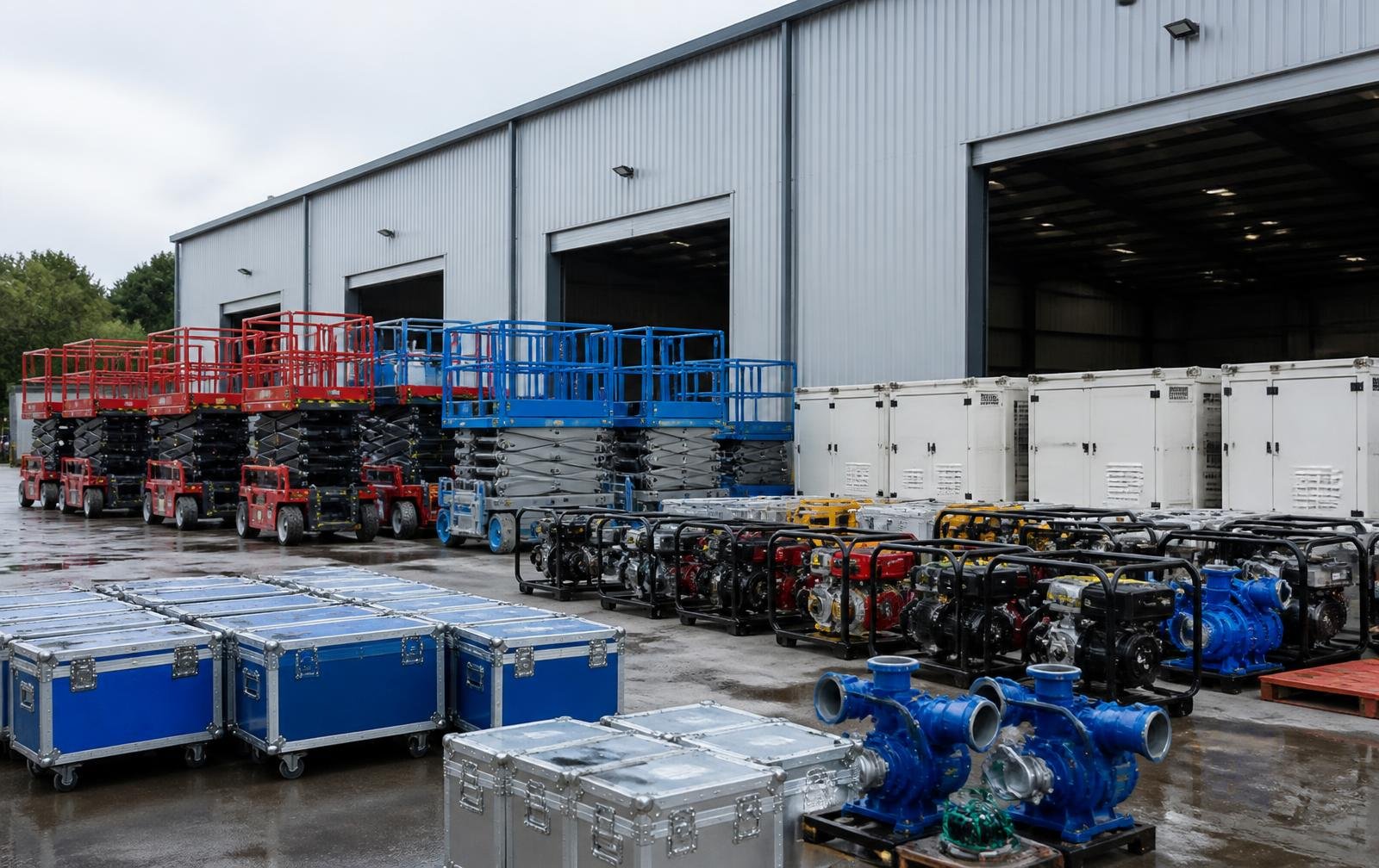 Equipment rental depot with organised rows of machinery