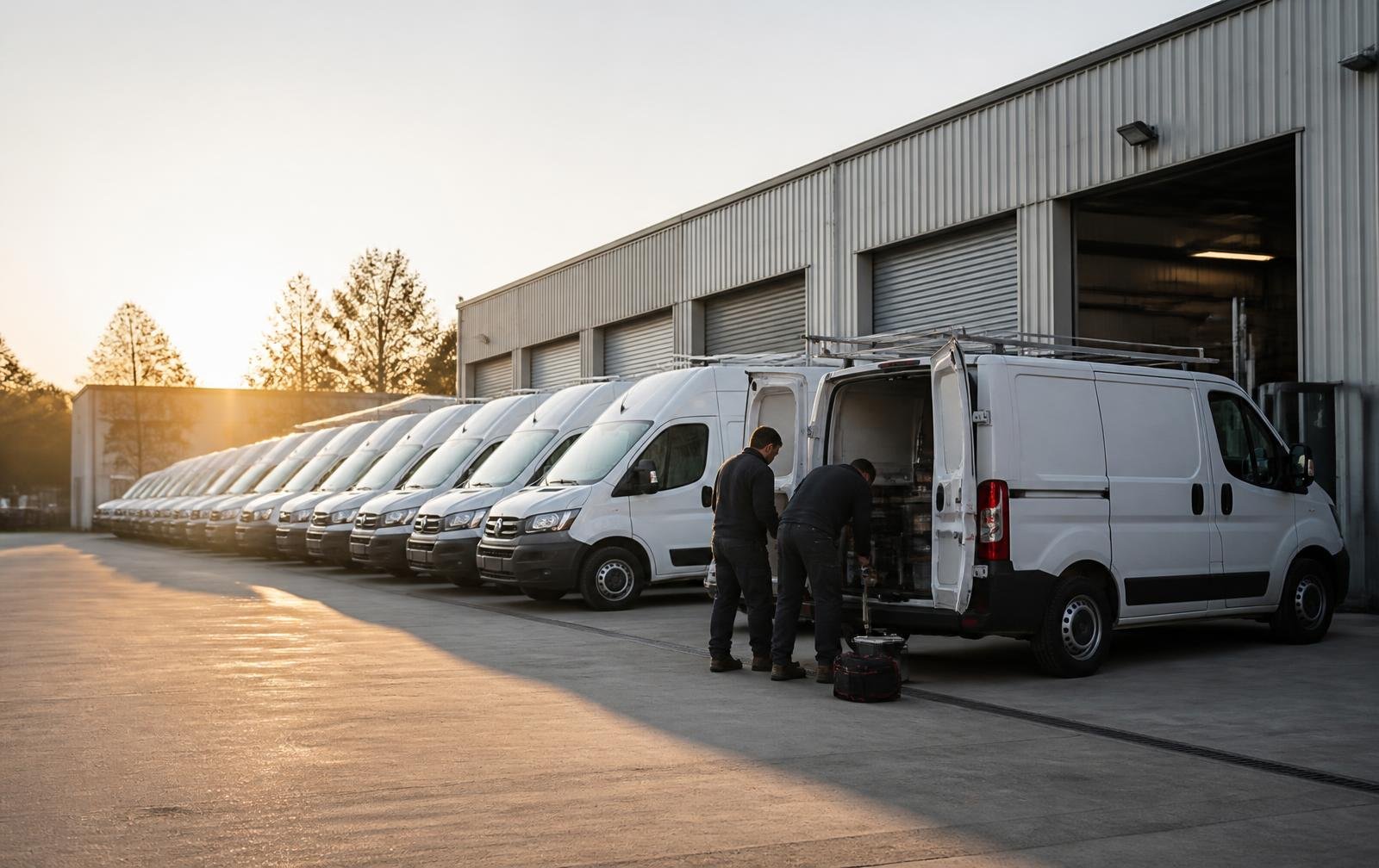 Technicians preparing service vans at a depot in the early morning